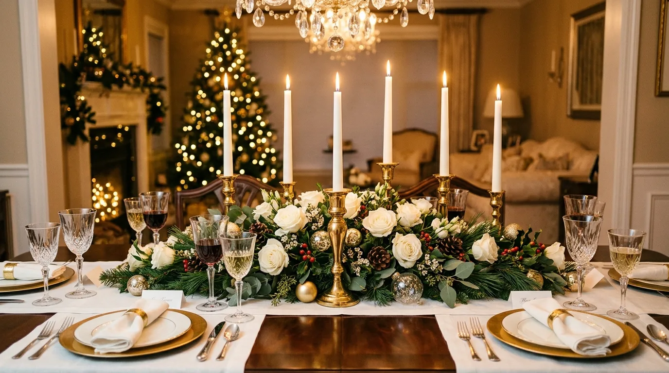 Elegant Christmas dining table with candles, greenery, and gold details.